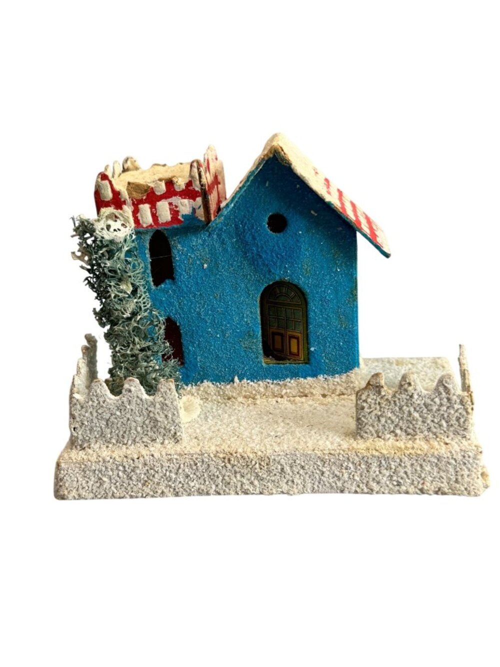 Vintage Christmas Putz House Blue Cottage Bottle Brush Tree Cardboard Japan Styl - Picture 2 of 8
